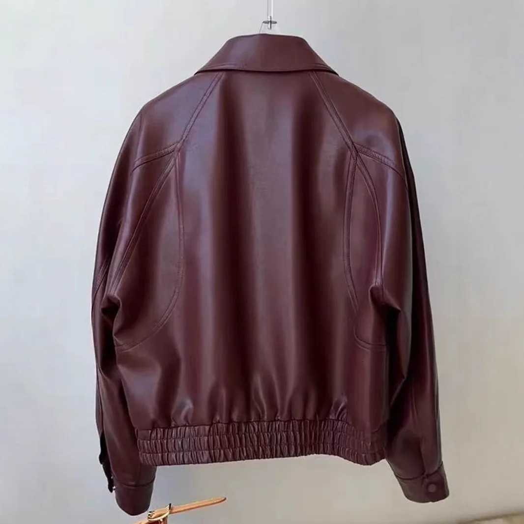 Faux Leather Women Coats Solid Jacket Turn Down Collar Long Sleeves Zippper Loose Fit Moto Casual Streetwear 2025 Autumn WinterT251017