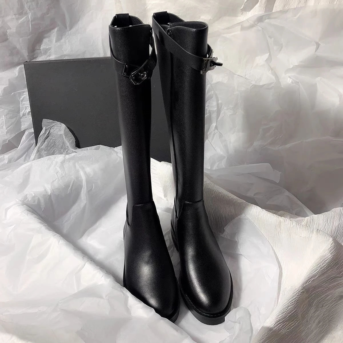 Black Elegant with Low Heels Round Toe Ladies Knee High Shaft Shoes Autumn Winter FleeceLined Gothic Leather Womens Long Boots 251015