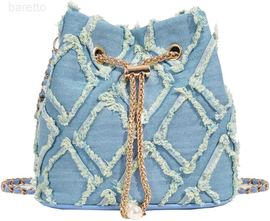 Denim Bucket Bag Quilted Drawstring Shoulder Handbag Jean Crossbody Purses Hobo Handbag with Chain Strap Z251017
