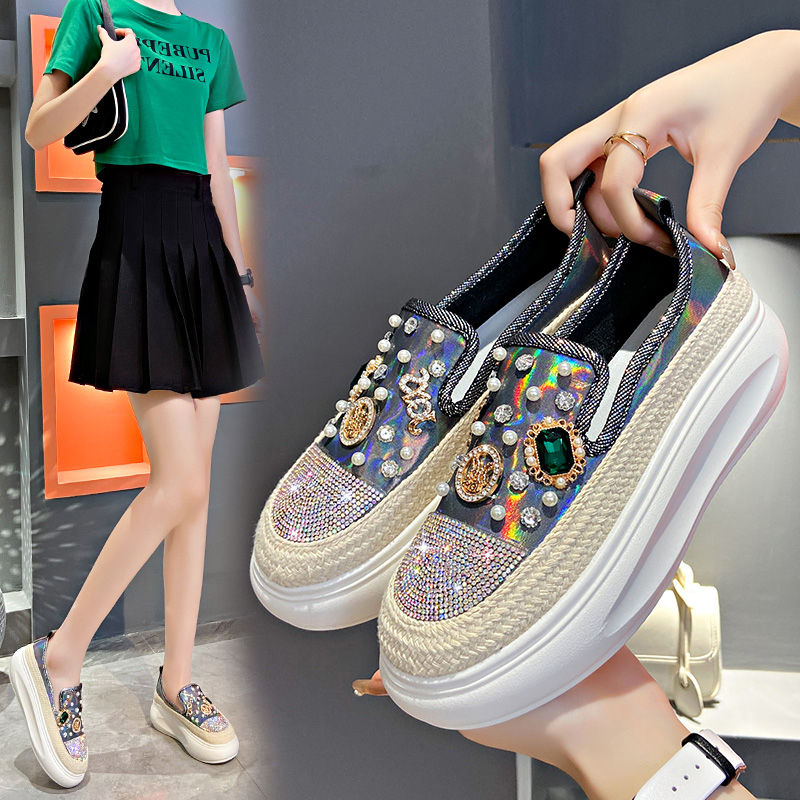 Women's Luxury Sneakers Rhinestone Decor oxhide Loafers Slip on Women's Designer Shoes Versatile Thick Sole Woven Shoes Comfortable Walking 