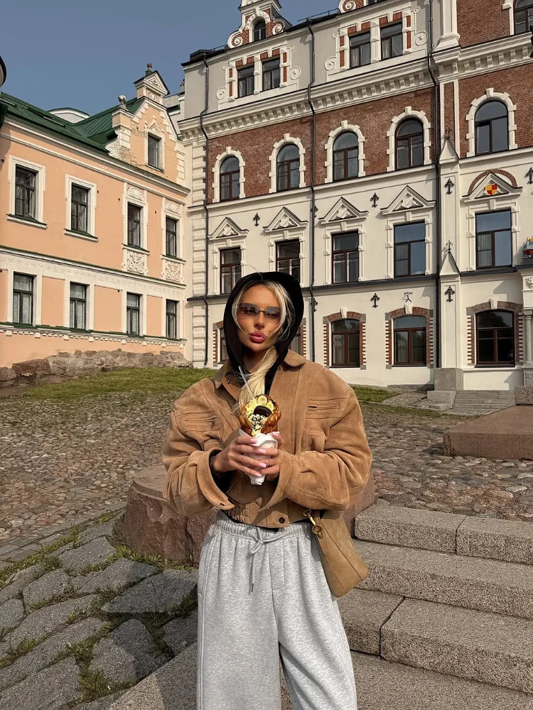 Full Sleeve Zipper Cropped Suede Jacket Women Casual Lapel Pocket Loose Thin Coat 2025 Autumn Lady Highstreet Commute Outwear 251017