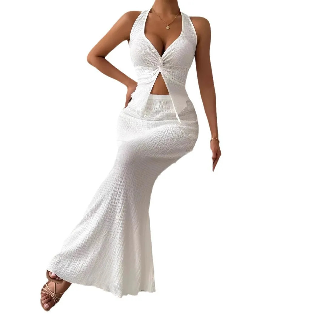 Fashion Women 2025 Summer Sexy Solid Color Hanging Neck Top Long Skirt Fashion Twopiece Set Tight And Elegant Twopiece Set 251017