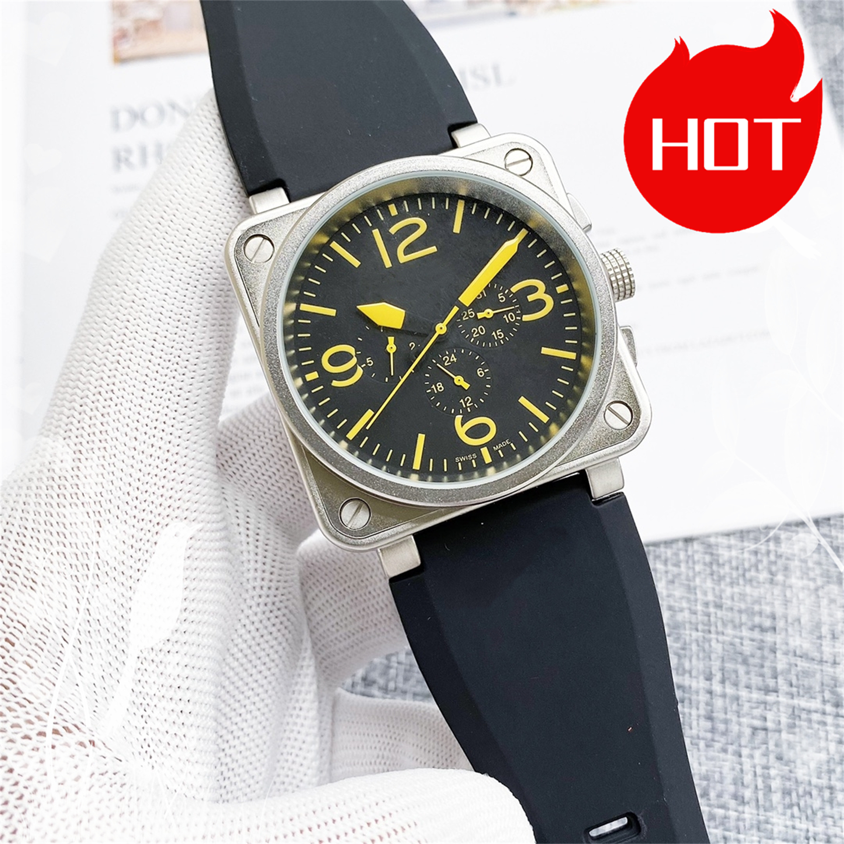 2024 Mens BELLity & ROSSity Wristwatches Men Automatic Mechanical Watch Brown Leather Black Rubber watches Multifunction Six Stitches #336