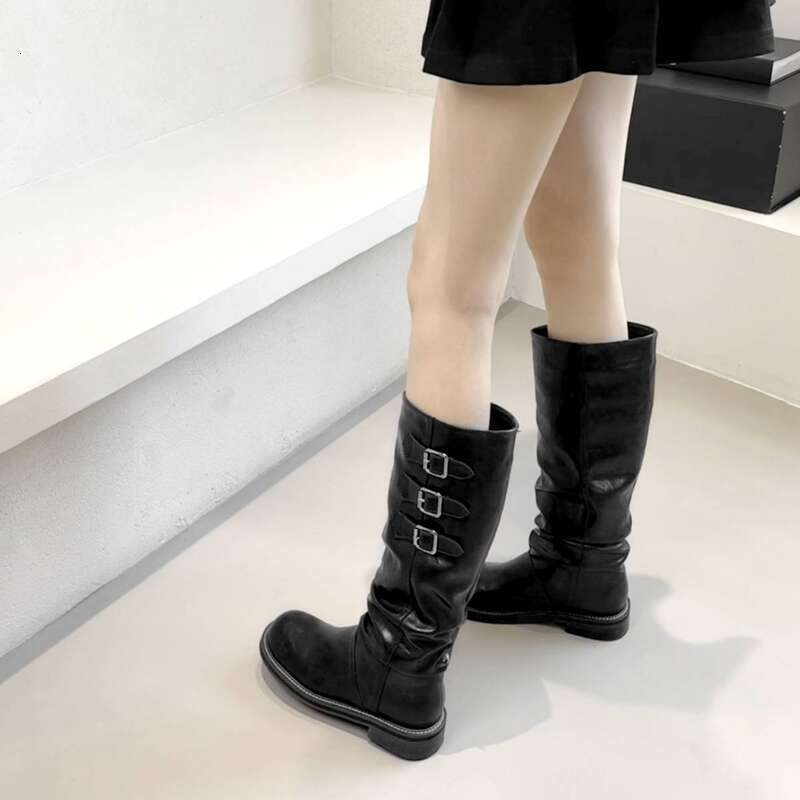 Cameido Women Fashion Pleated Stackable High - Heel With Belt Buckle Retro Knight Boots