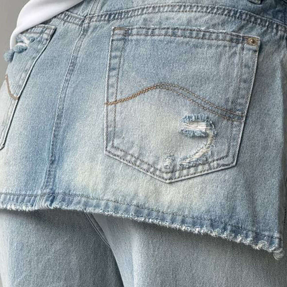 Fashion Side Zipper Fake Two-Piece Jeans Patchwork Washed High Waist Irregular Eight-Point Wide-Leg Autumn Winter B5