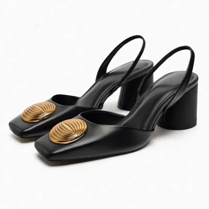 Luxury Metal Decoration Back Strap Chunky Heeled Sandals Women Elegant Round High Heels Summer Designer Mules Shoes Sandalias Z251015