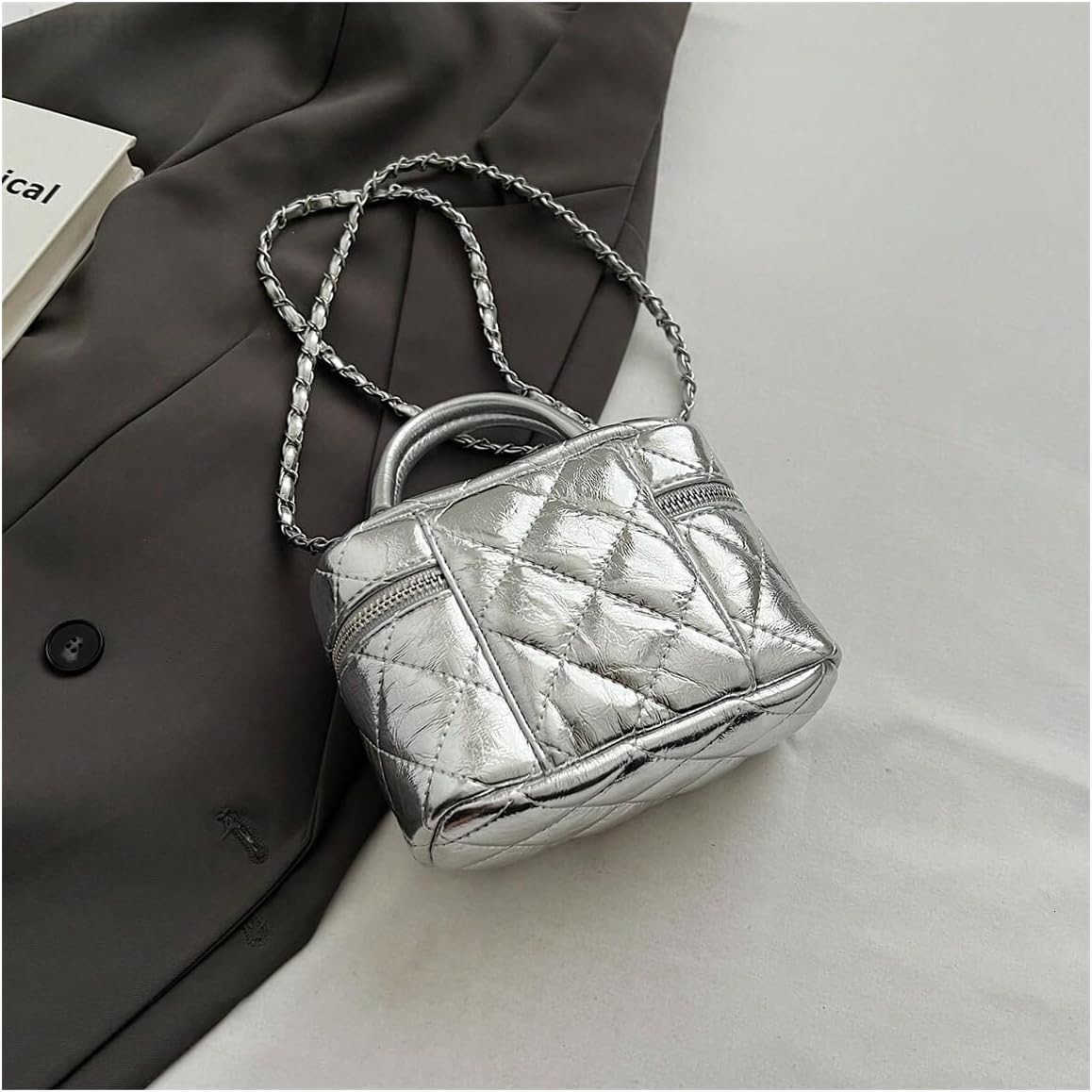 Womens Square Mini Bucket Quilted Crossbody Hobo Bag Satchel Purse with Chain Strap Z251017