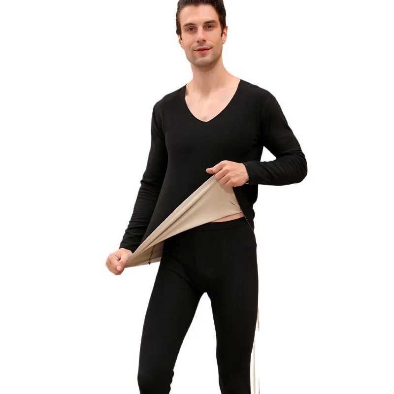 Plus Size Thickened Thermal Underwear Set Men Fleece Solid Color Autumn Clothes and Long Pants Soft Crew Neck Warm Pants H251017