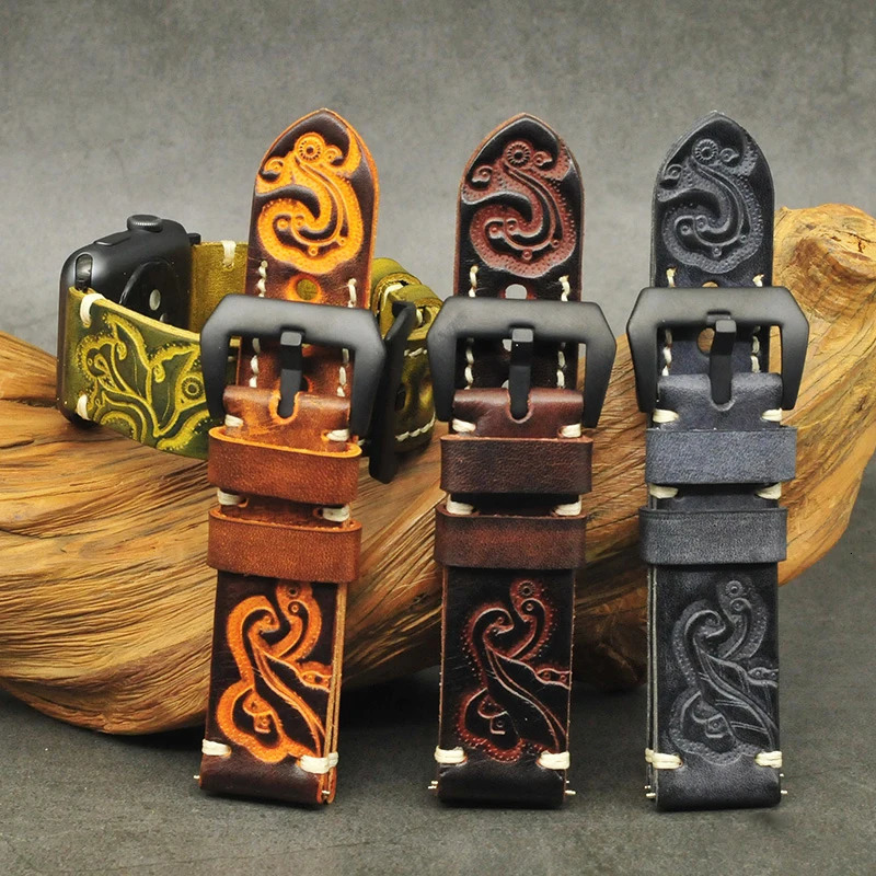 Vintage Carving Men Watch Strap Handmade Stitched Embossed Leather Watchband Black Buckle for Panerai 18mm 20mm 22mm 24mm 251016