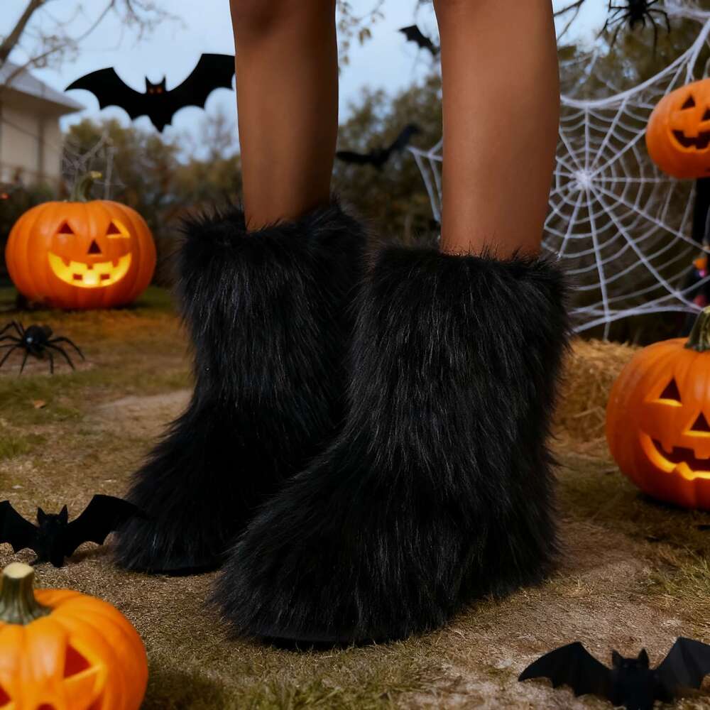 Women's Slip-On With Plush Faux Fur Thick Platform Heel Mid-Calf Warm Round Toe, Dark Gray/Black Cozy Microfiber Insulated Boots Snow Ice, TPR So