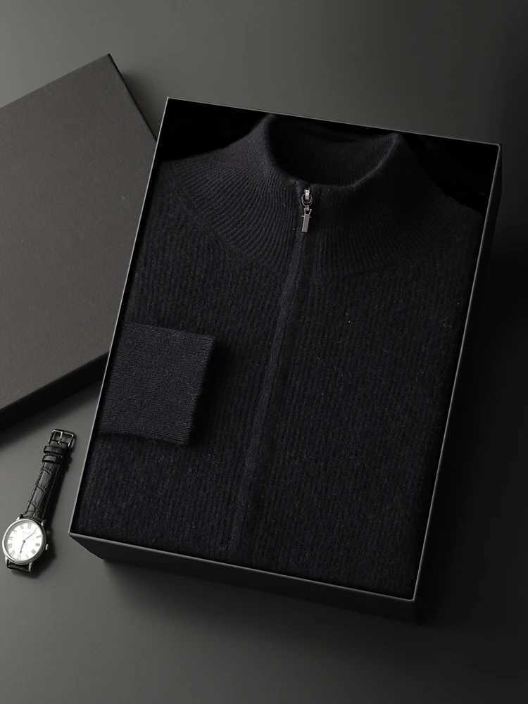 Mens 100 Cashmere Sweater Mock Neck Zipper Cardigan Jacquard Knitted Sweater Smart Casual Style Jacket for Autumn Winter J251017