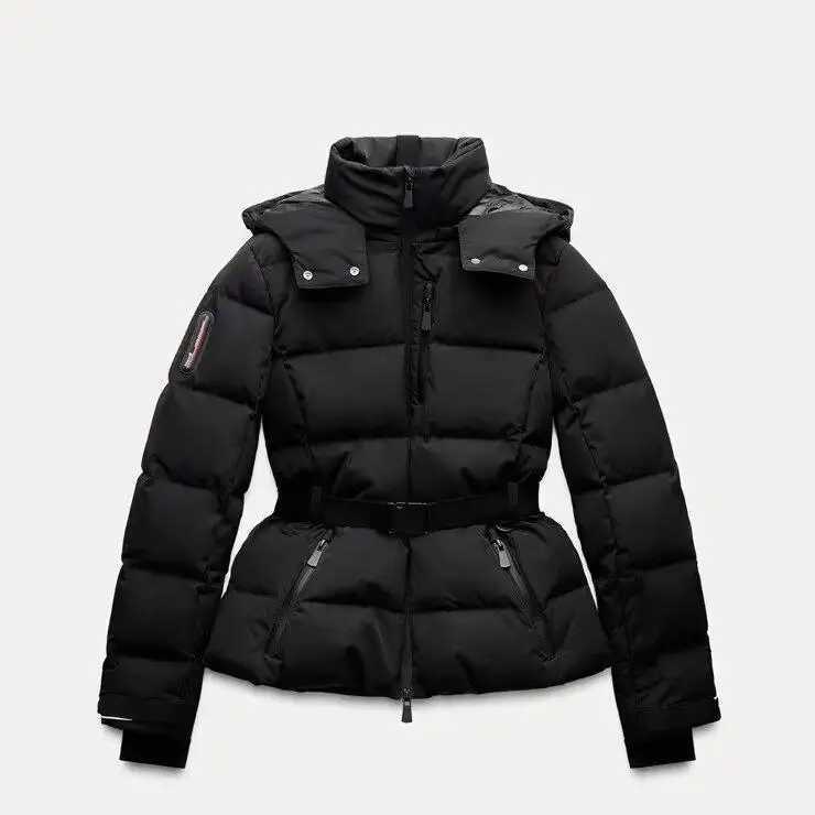 Warm Cotton Jaet Ski Suit with Belt Stand Collar Thien Winter Outerwear Womens Faion Commute Korean Sle Memory Fabric W251016