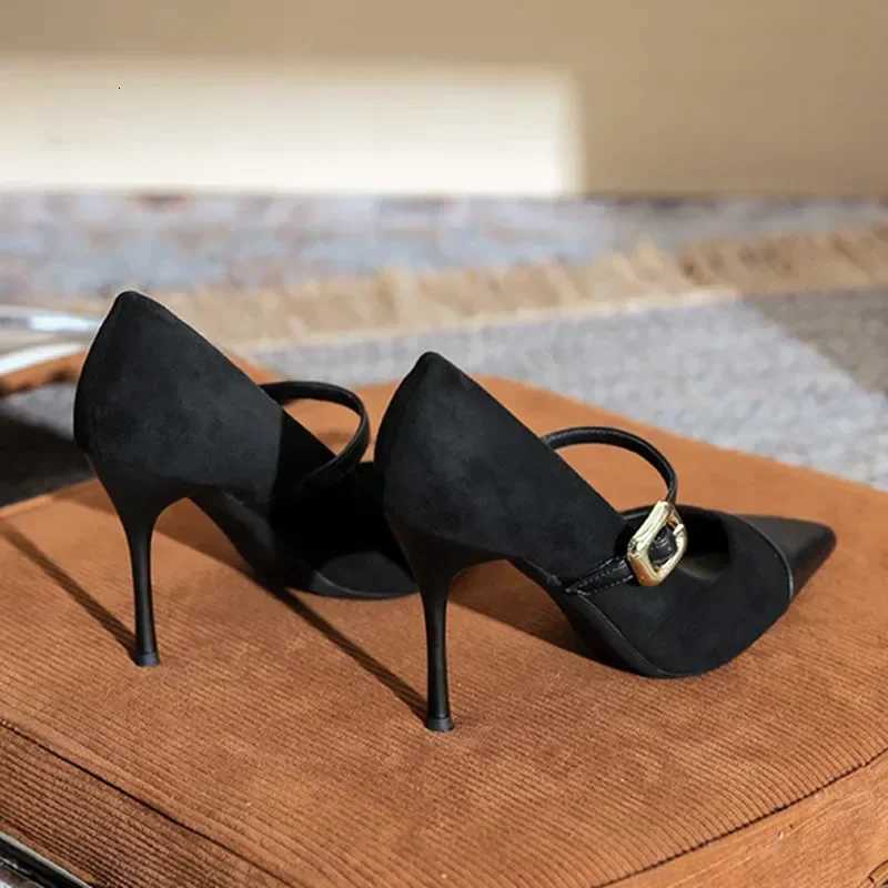 Sexy Pointed Toe Thin High Heels Women Leather Covered Toe Design Women Pumps Metal Belt Buckle Womens Elegant High Heel Shoes Z251015
