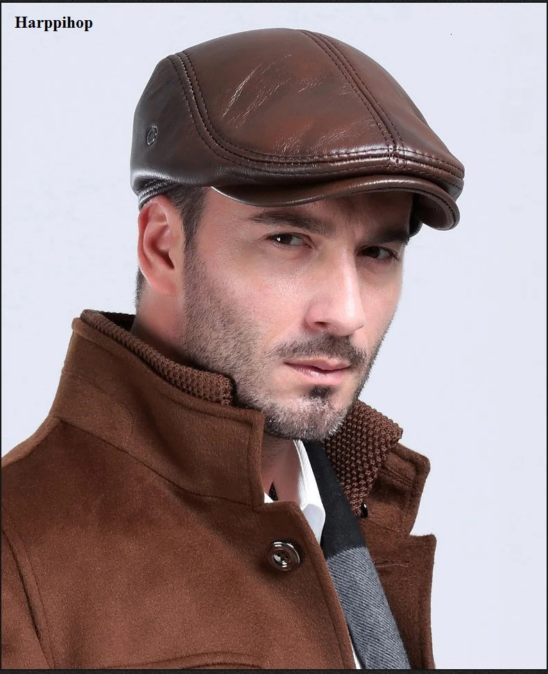 Mens outdoor leather hat winter Berets male warm Ear protection cap 100 genuine leather dad hat wholesale Leisure bone 251015