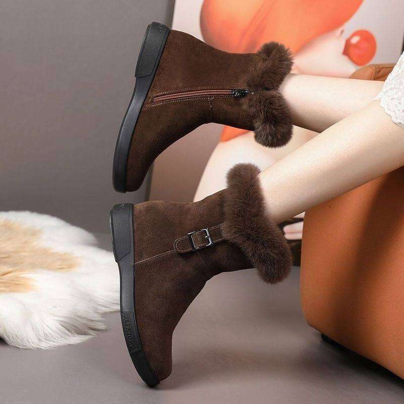Women's Winter Plush New Flat Bottom Rabbit Fur Thick Snow Boots