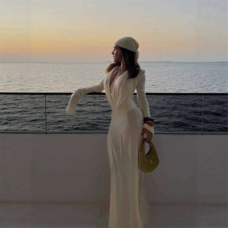 Solid Deep V-neck See Through Dress For Women Sexy Pleated Full Sleeve Slim Fit Long Dresses 2025 Summer Holiday Party Vestidos