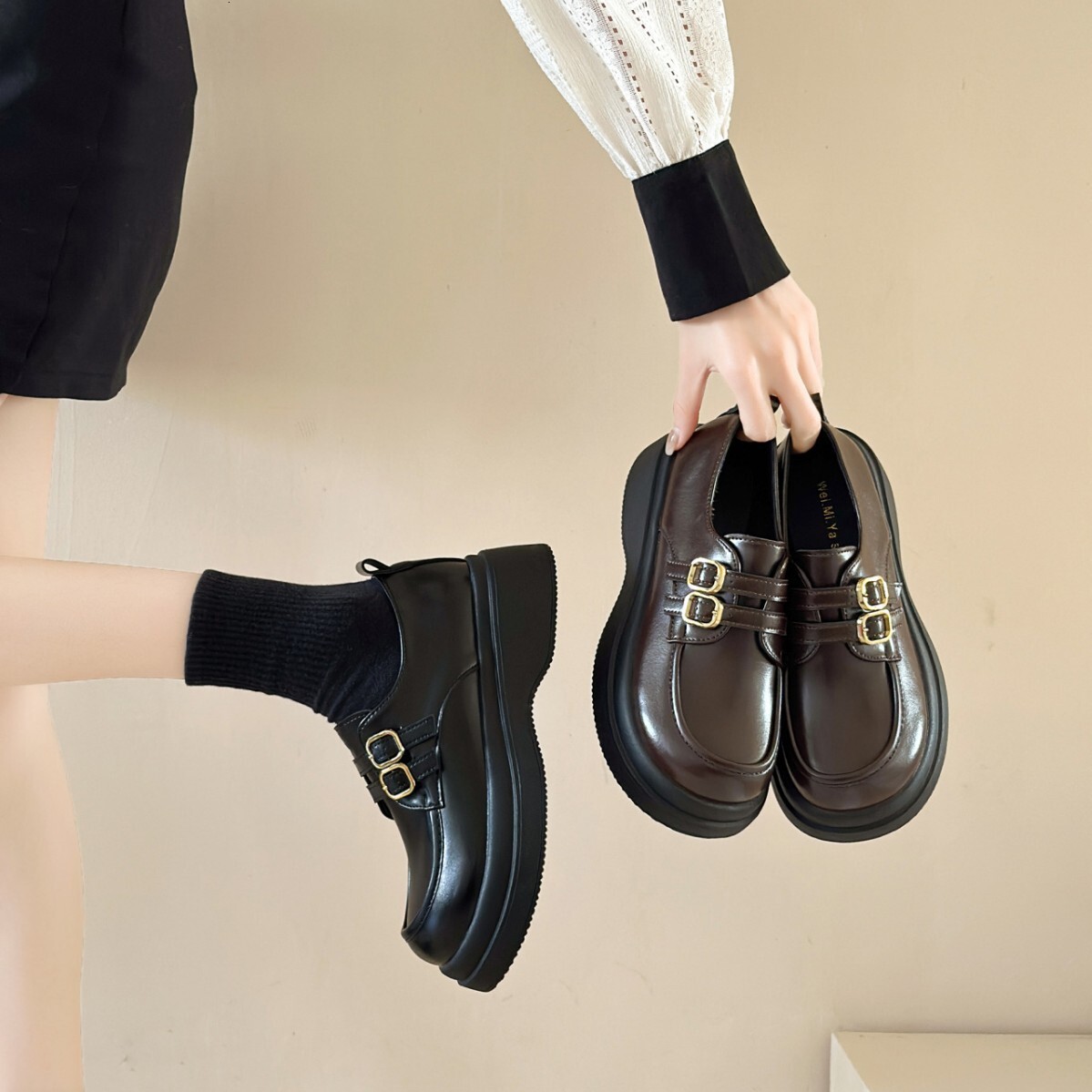 Designer's Thick soled British Women's Leather Shoes 2025 Autumn/Winter New Wool Lined Lefu Shoe Cover Mary Jane Shoes