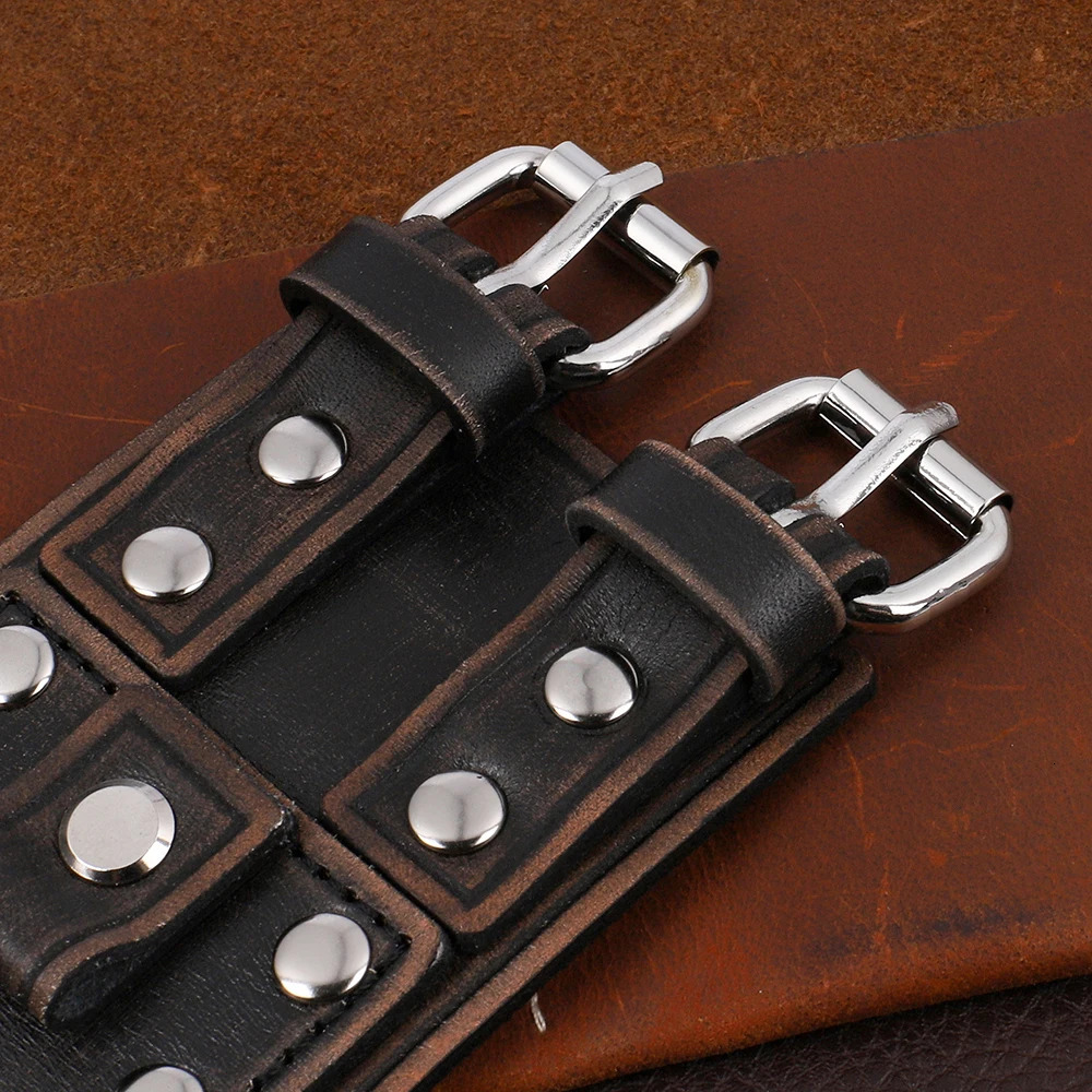Vintage Punk Leather Cuff Strap 20mm Mens Wrist Watch Band with Mat Double Buckle Rivet Watchband Bracelet Watches Accessories 251016