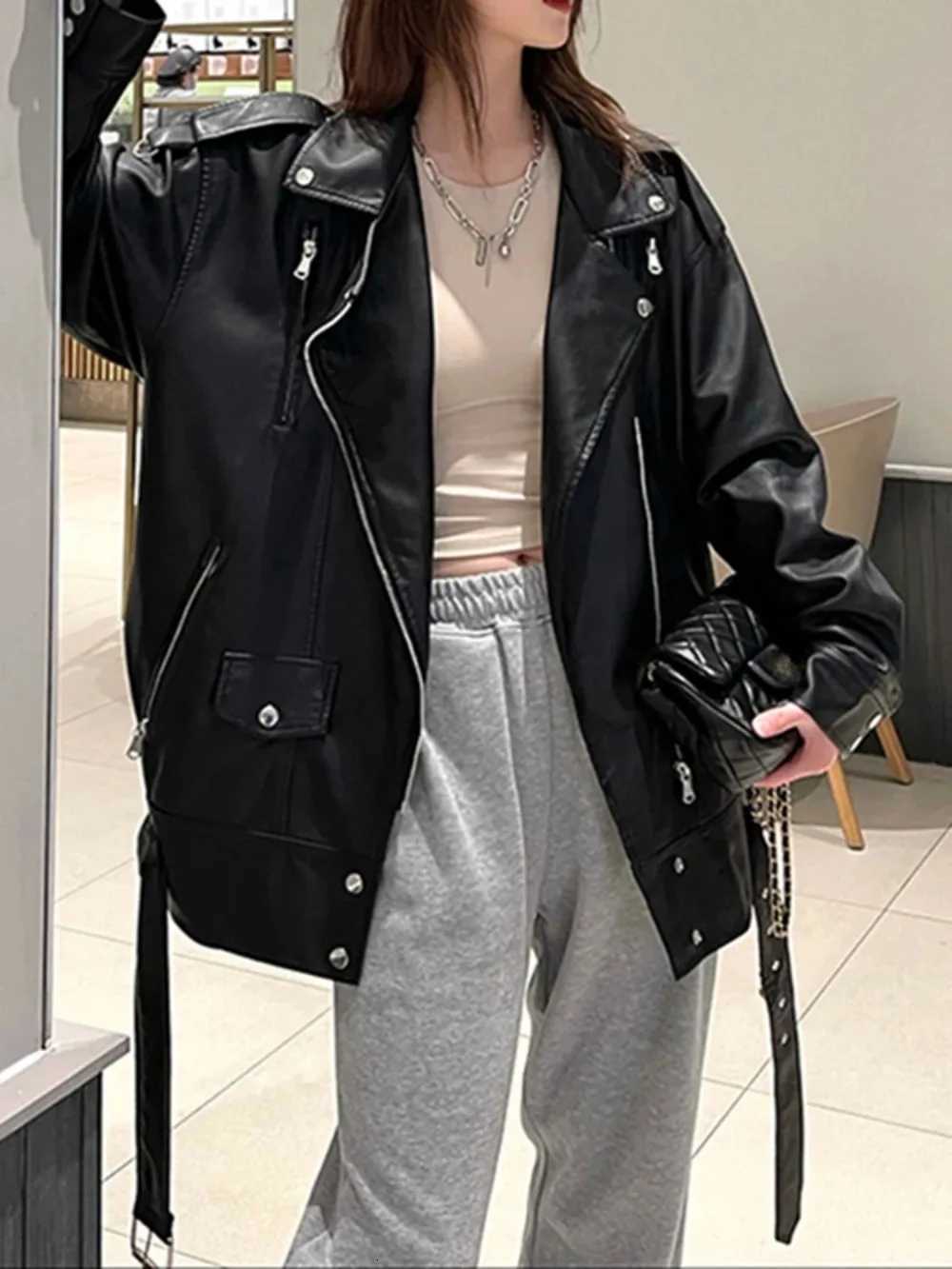 Black PU Leather Jackets Women with Belt Oversized Korean Loose Motorcycle Faux Leather Jackets Fashion Causal OuterwearT251017