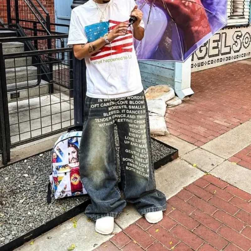 1 retro patterned alphabet men jeans personalized street clothing Y2K goth men and women fashion casual pants Y251105