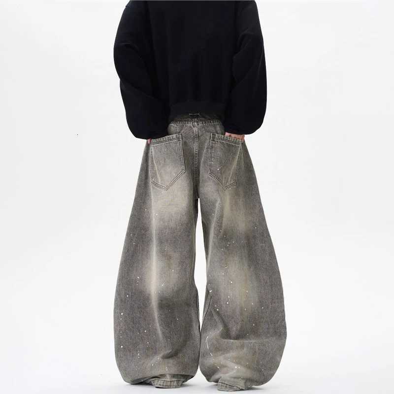 Korean Retro Vintage Gray Splashed Ink Design Jeans MenS Street Baggy Pants Casual HipHop Pants Y2k Jeans Y251105