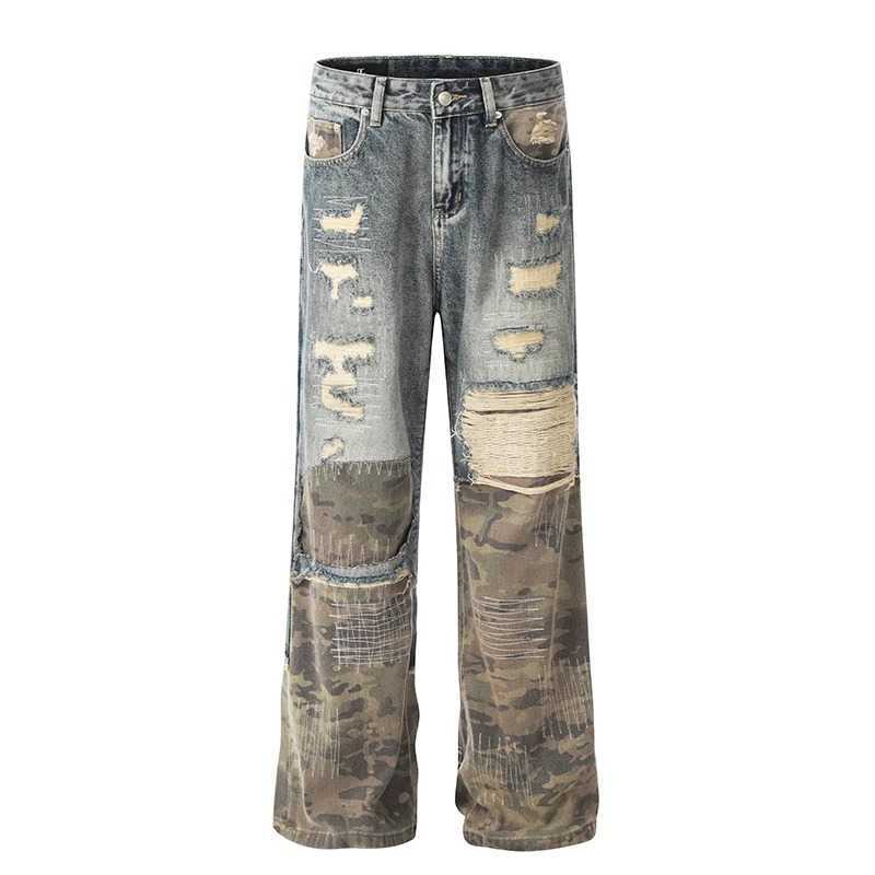 Retro camouflage distressed casual denim women's high-waisted straight-leg wide-leg pants for 2024 autumn-winter season new style S251017