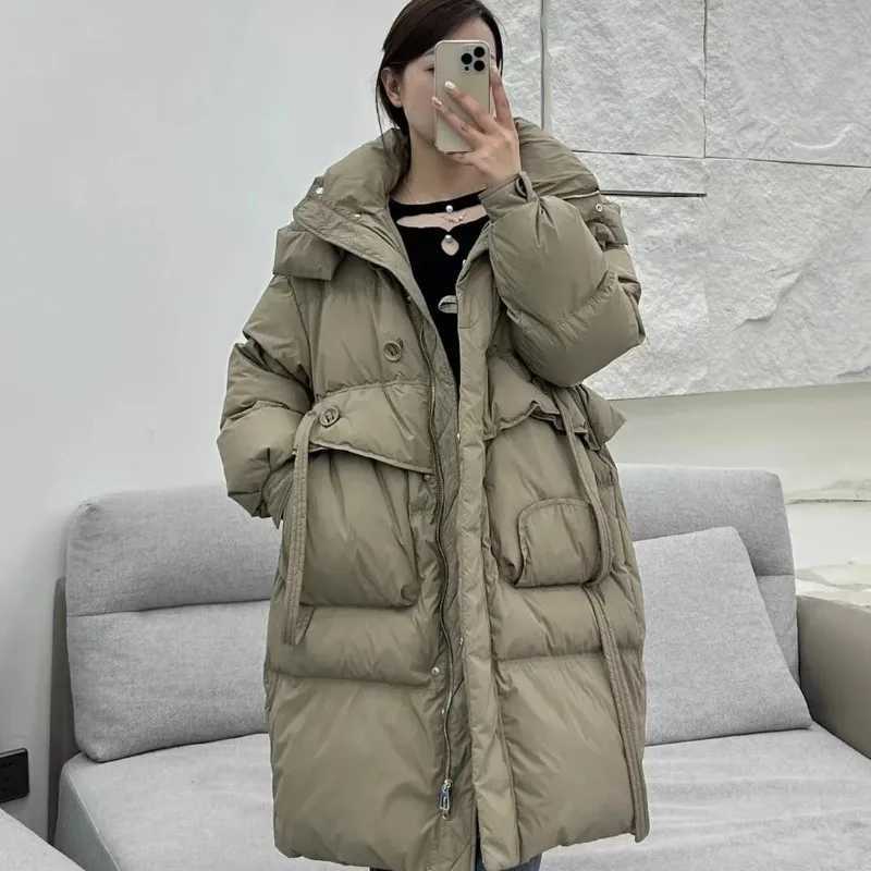 Winter New Down Coat Women Mid Length White Duck Down Windproof Hood Loose Warm Lacing Solid Coat Parkas W251016