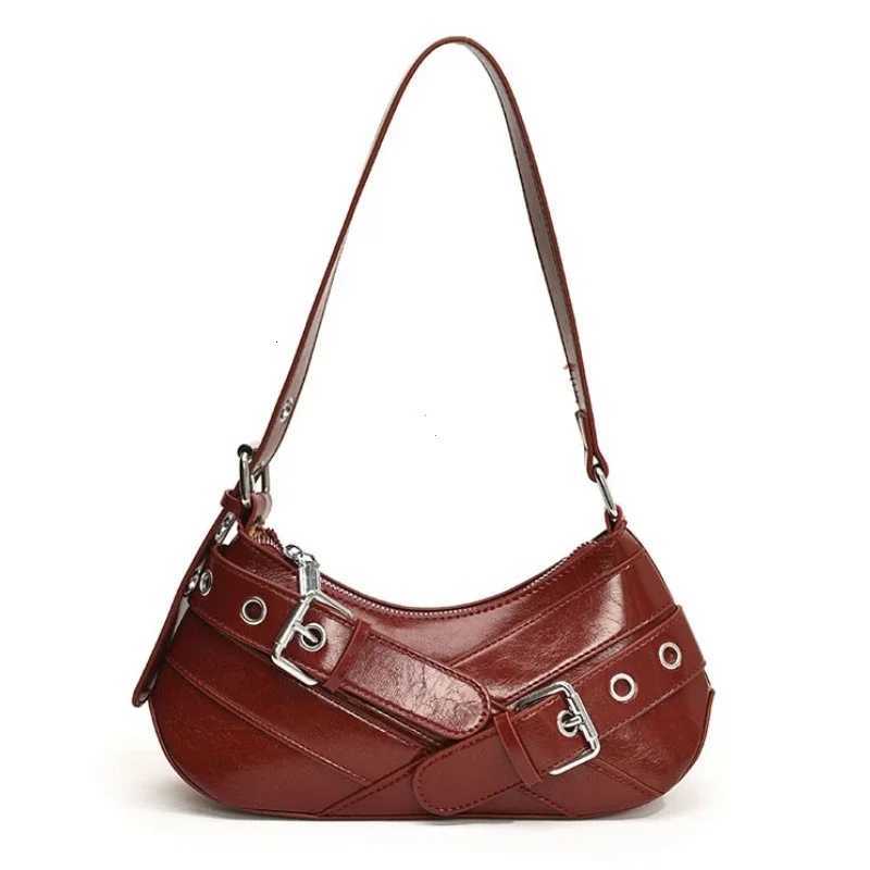 Red Vintage Shoder Bag Y2K Belt Design PU Leather Underarm Bags for Wen Trend Hot Cool Girl Crossbody Bag Punk Style Handbag1 D2510171