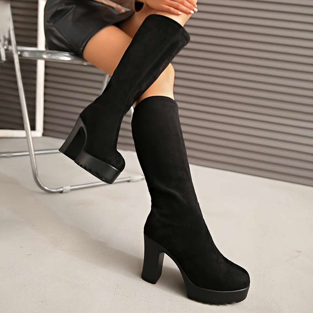 Women's Ultra-High Chunky Knee-High - Slip-On Elastic Ankle Boots With Round Toe Thick Platform Sole, Soft Fleece-Like Upper All-Season Comfort, 