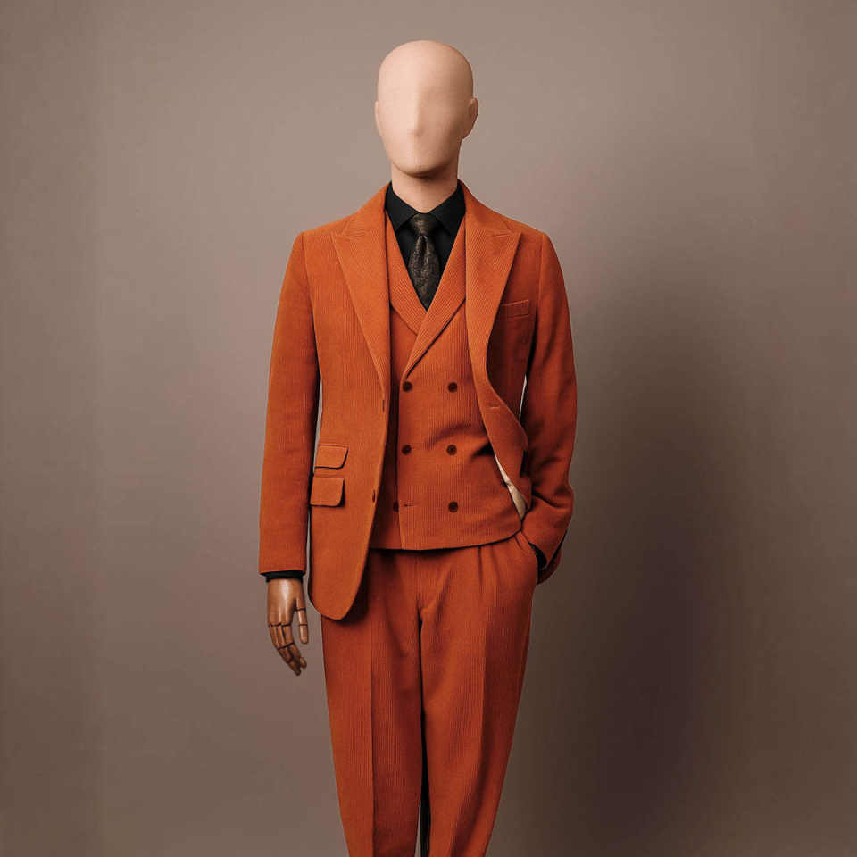 Fashion Men's Corduroy Three Pieces Suits Double Breasted Peaked Lapel Winter Warm Jacket Blazer Business Party Custom Made