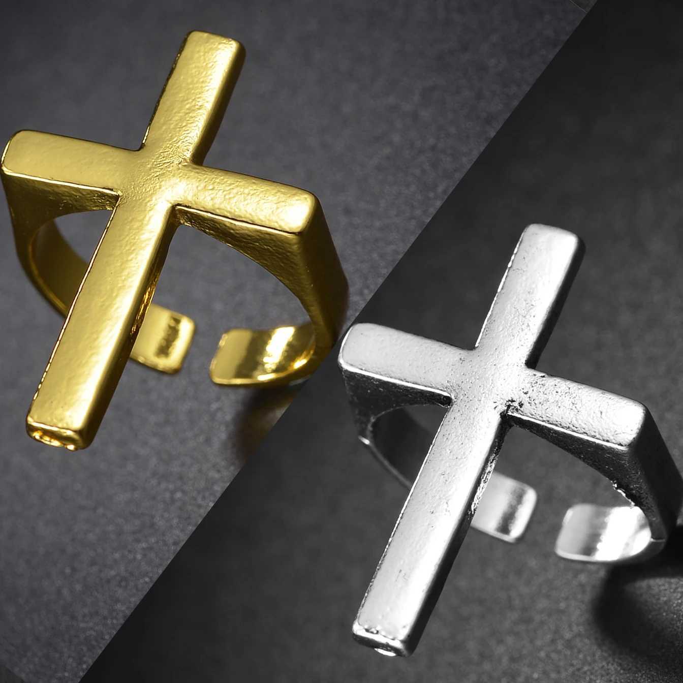 1PC Punk Vintage Black Big Cross Open Ring For Women Party Jewelry Men Trendy Gothic Gold Silver Color Finger Rings Anillo Z251017
