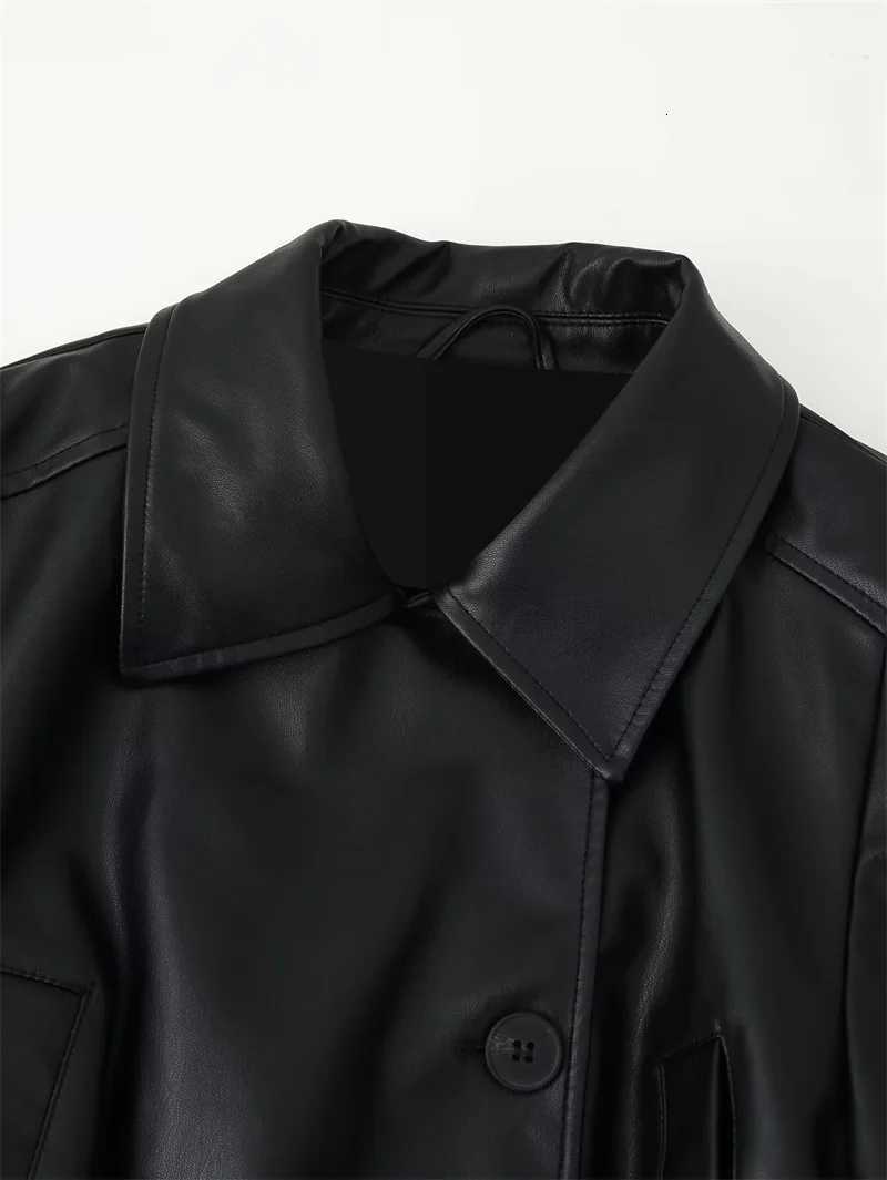 Womens Coat 2025 Autumn New Style Black Long Sleeve Faux Leather Tie Decoration Short Windbreaker Motorcycle Style CasualT251017