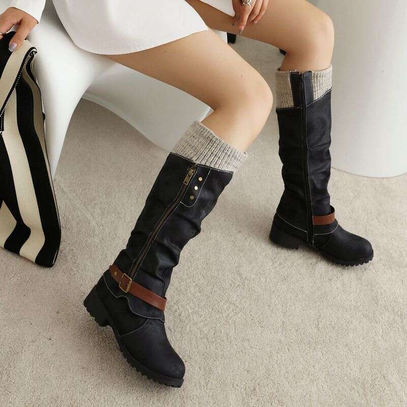 Women Waterproof Leather Western High Heel Pointed Toe Zipper Office Boots Footgear