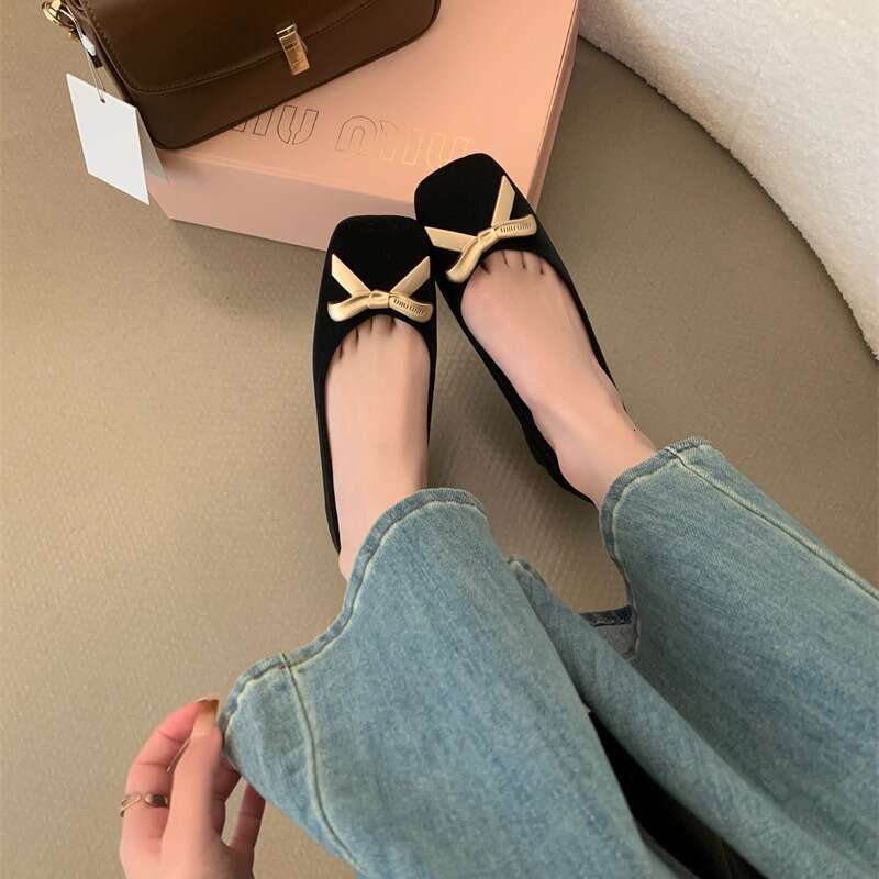 2025 Spring Autumn Women's Designer Shoe - Black French Style Bow Metal Square Toe Shallow Mouth Chunky Heel Work Shoes