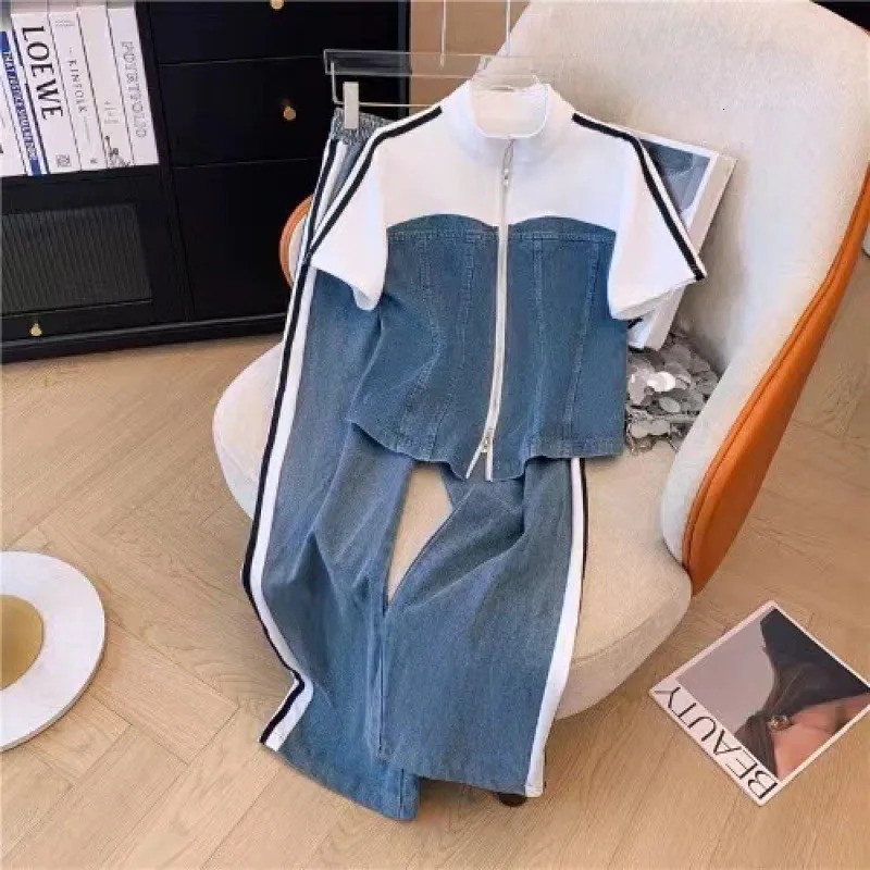 Pant Set Women Two Piece Sets Denim Splice Zipper Matching Sets Casual Coats Wide Leg Long Pants Lace Up Elastic Waist 2025251010