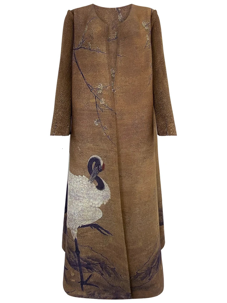 Miyake Pleated Vintage Swan Printed Long Sleeve Coat Women Autumn Winter Original Abaya Cardigan Plus Size Windbreak 251013
