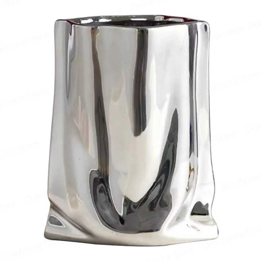 Silver Paper Bag Vase Light Luxury Electroplated Ceramic Vase Creative Paper Bag Decoration Vase Ornament C251017