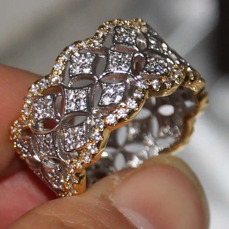 Size 5-11 Cool Cute Sparkling Jewelry Sterling Sier&Gold Filled Prismatic 5A CZ Diamoind Women Wedding Band Ring for Lovers'