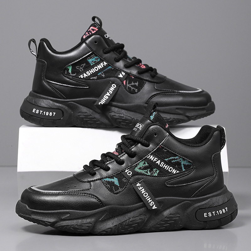 Men's Spring Trendy Sports High-top Thick-soled Casual Youth Leather Basketball Wear-resistant White Dad Shoes