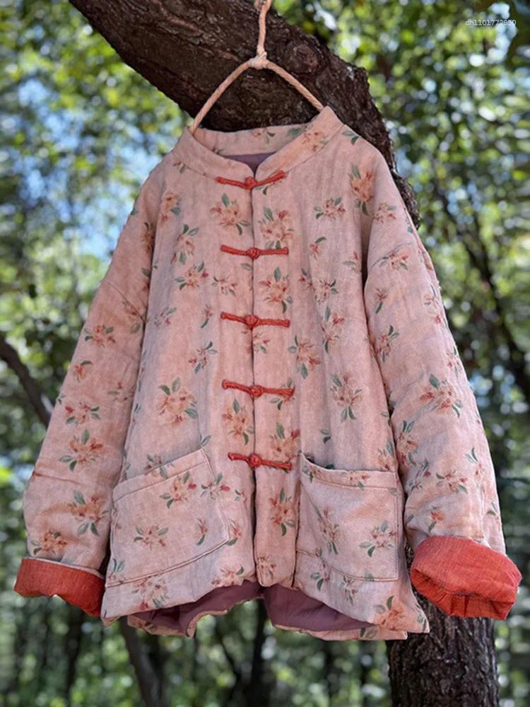Women's Jackets Thick Warm Cotton Linen Casual Coats Women 2025 Autumn Chinese Style Vintage Floral Print Loose Female Padded M176