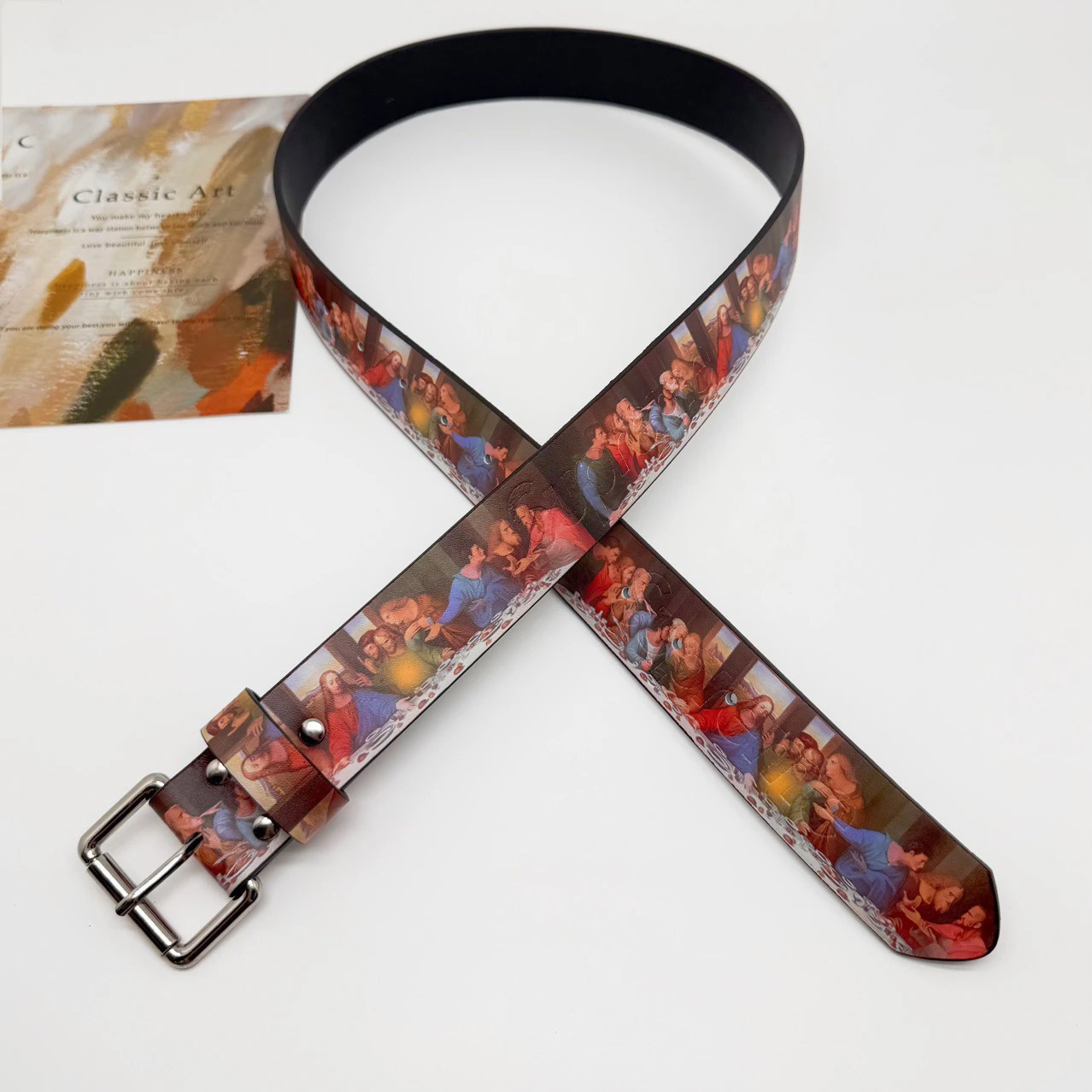 Faionable Retro Sle Last Supper Time Printed Belt High Street Leather Belt for Men And Women Youth Suitable PU Leather Belt 251010