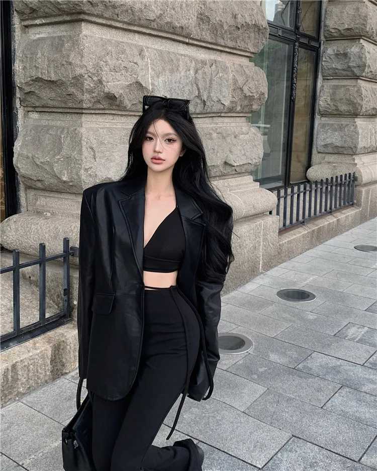 Faux Pu Leather Jacket Women Coats Blazer Turn Down Collar Jackets Coat Open Stitch Maxi Casual Elegant Y2k Punk StreetwearT251017