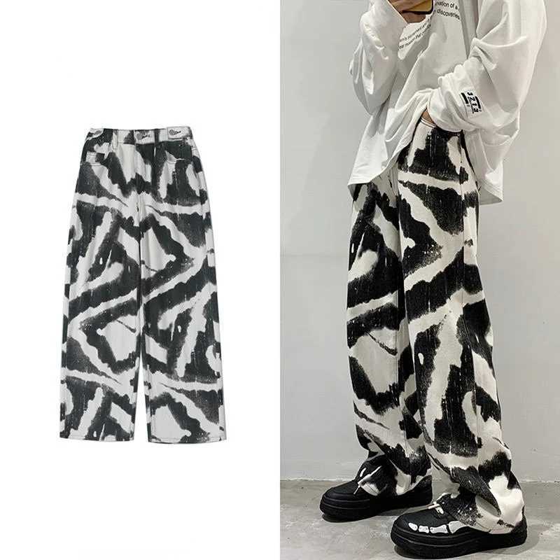 Streetwear Zebra Printed Jeans Men Straight Casual Wide Leg Oversize Denim Pants Hip Hop Animal Baggy Trousers Male J251016