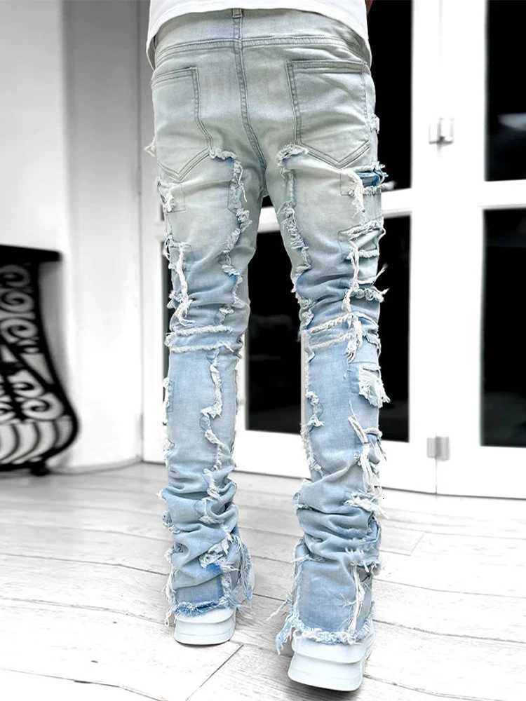 Y2K Mens Old Ripped Jeans Slim Fit PaTCh StreTCh Blue Black Pencil Denim Pants 2025 Autumn Harajuku Streetwear Y251105