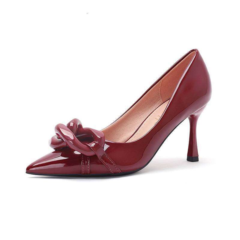 Plus Size Women Shoes Leather Fashion Chain Pointed Toe Shallow Mouth All-Match High Heel Shoes