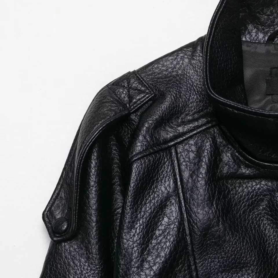 womens faux leather loose top stand collar long sleeved zipper pocket button elastic bottom edge autumn and winter new faT251017