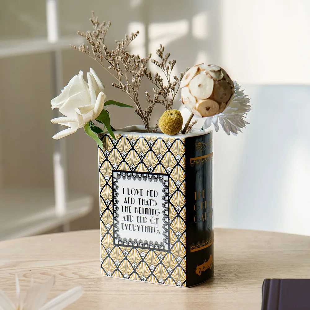 Square Book Ceramic Vase Creative Painted Vase Art Flower Arrangement Accessories Living Room Home Decoration Table Vase C251017