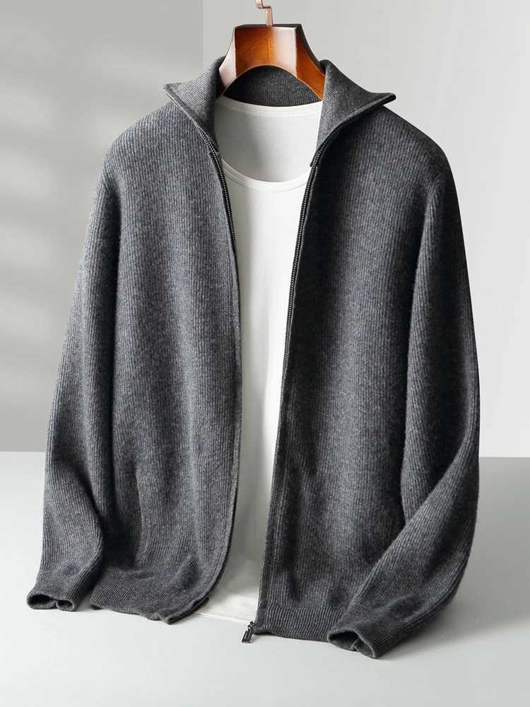 Autumn Winter 100 Merino Wool Cardigan Sweater Mens Turndown Collar Zipper Pocket Soild Smart Casual Knitwear Jackets Soft J251017