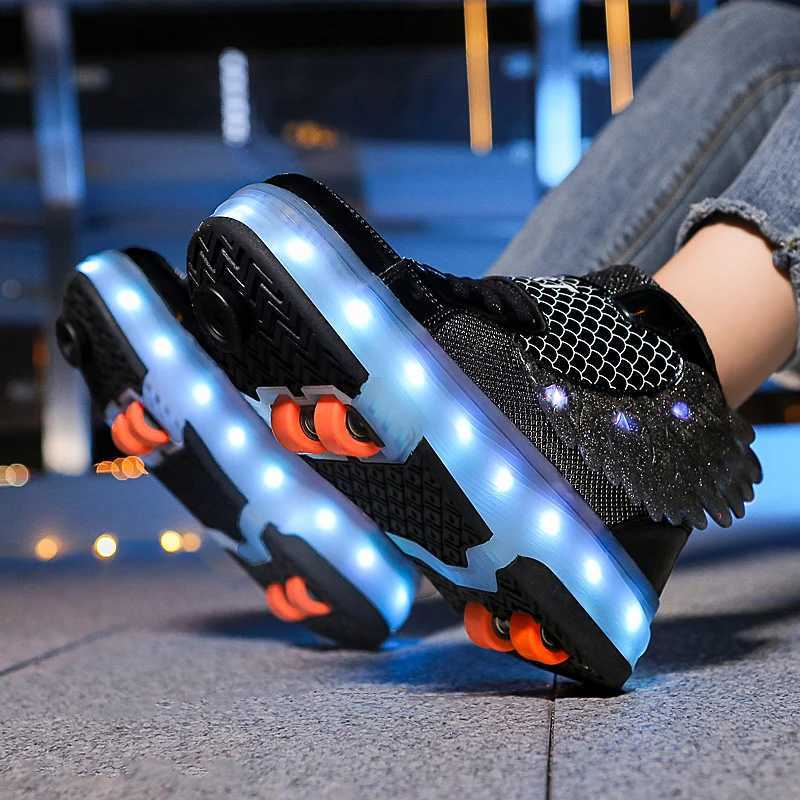 Childrens Led Light Roller Skate Shoes Kids Casual Sport 4 Wheels with Brake Sneaker Girl Boy Wing Boots Birthday Gift FootwearT251017