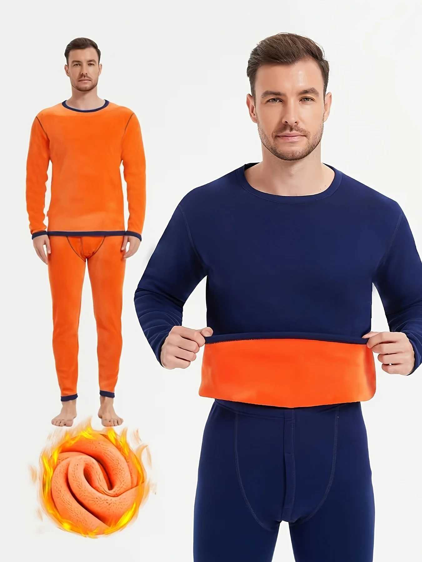 Mens Winter Fleecelined Thick Roundneck Solidcolored Thermal Set with Top and Pants for Cold Protection H251017